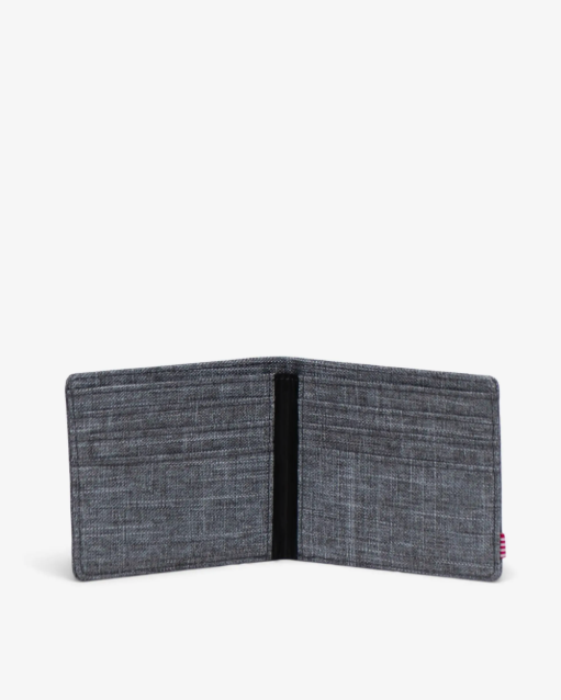 An opened gray textured wallet on a white background