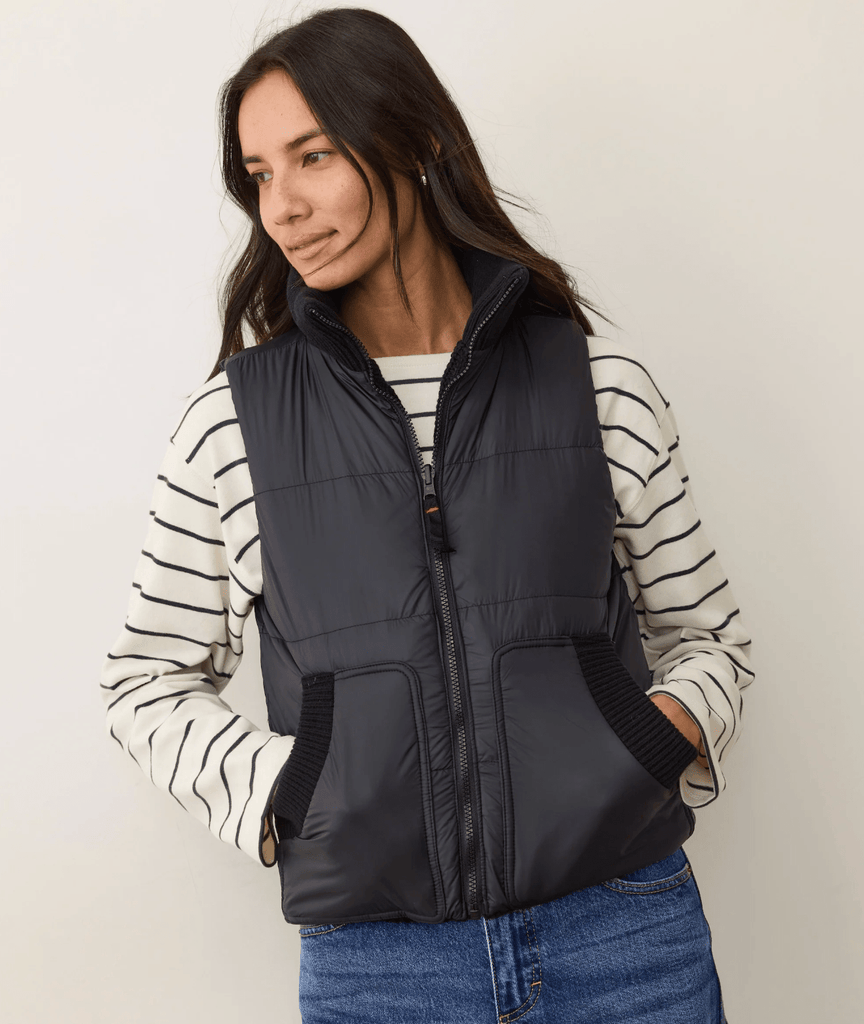 Marine Layer Alba Cable Knit Reversible Puffer Vest in Black - Unincorporated