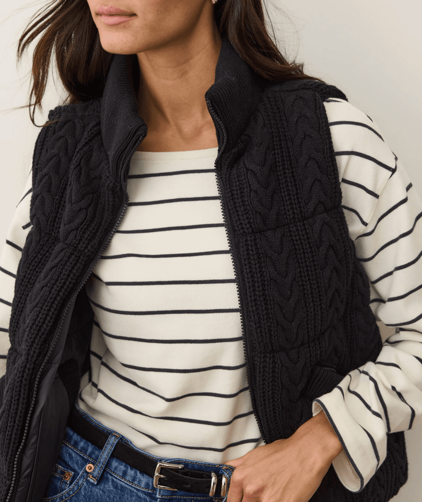 Marine Layer Alba Cable Knit Reversible Puffer Vest in Black - Unincorporated