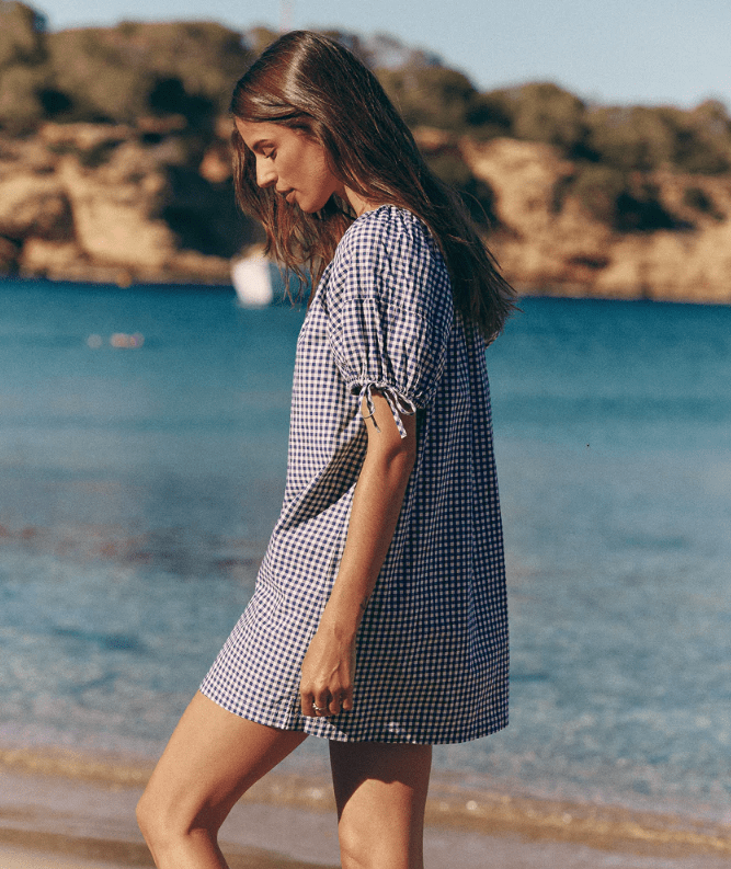 blue checkered mini dress Jessie Hem Checkered Mini Dress | Threaded Pear Sky Blue / M