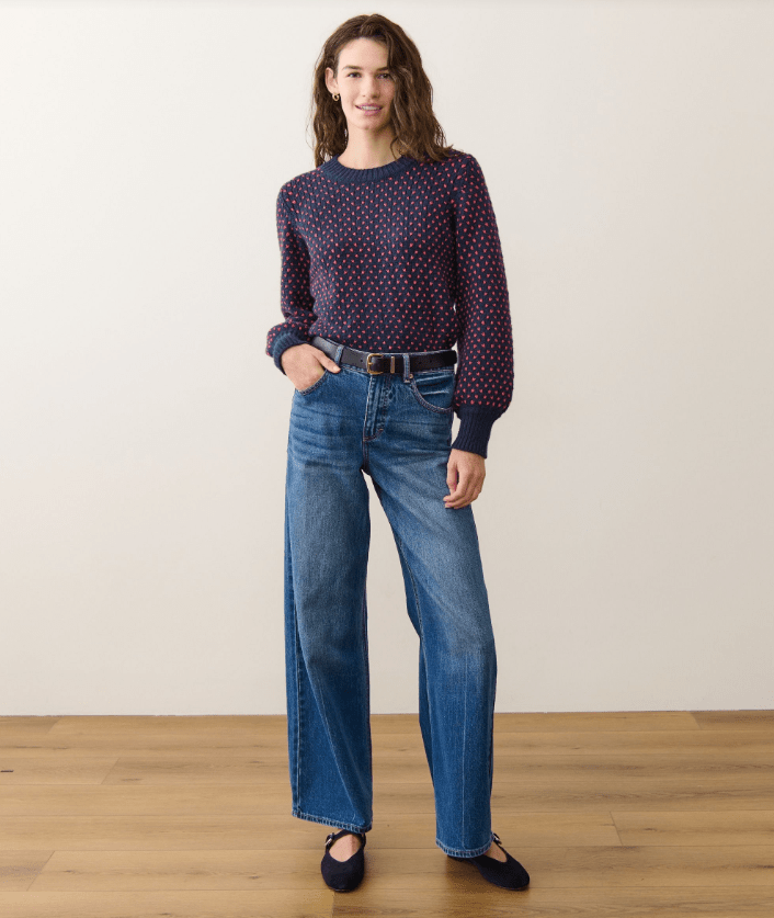 Marine Layer Alma Crewneck Sweater in Navy/Red - Unincorporated
