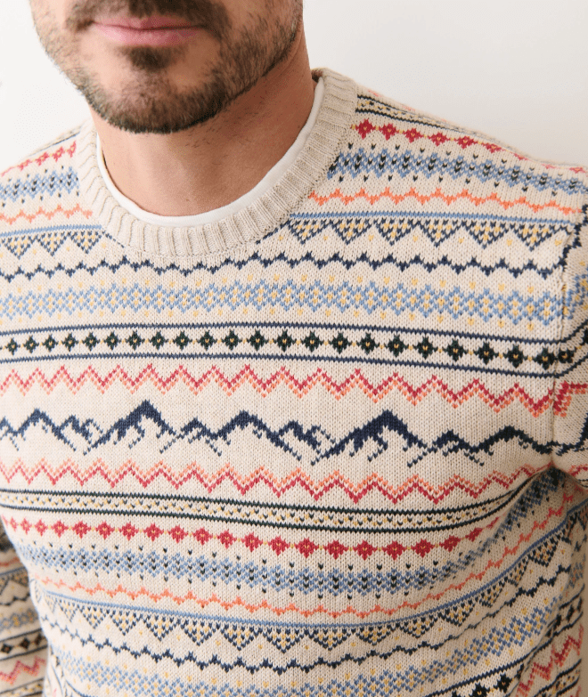 Marine Layer California Fair Isle Crew Sweater in Oatmeal Multi - Unincorporated