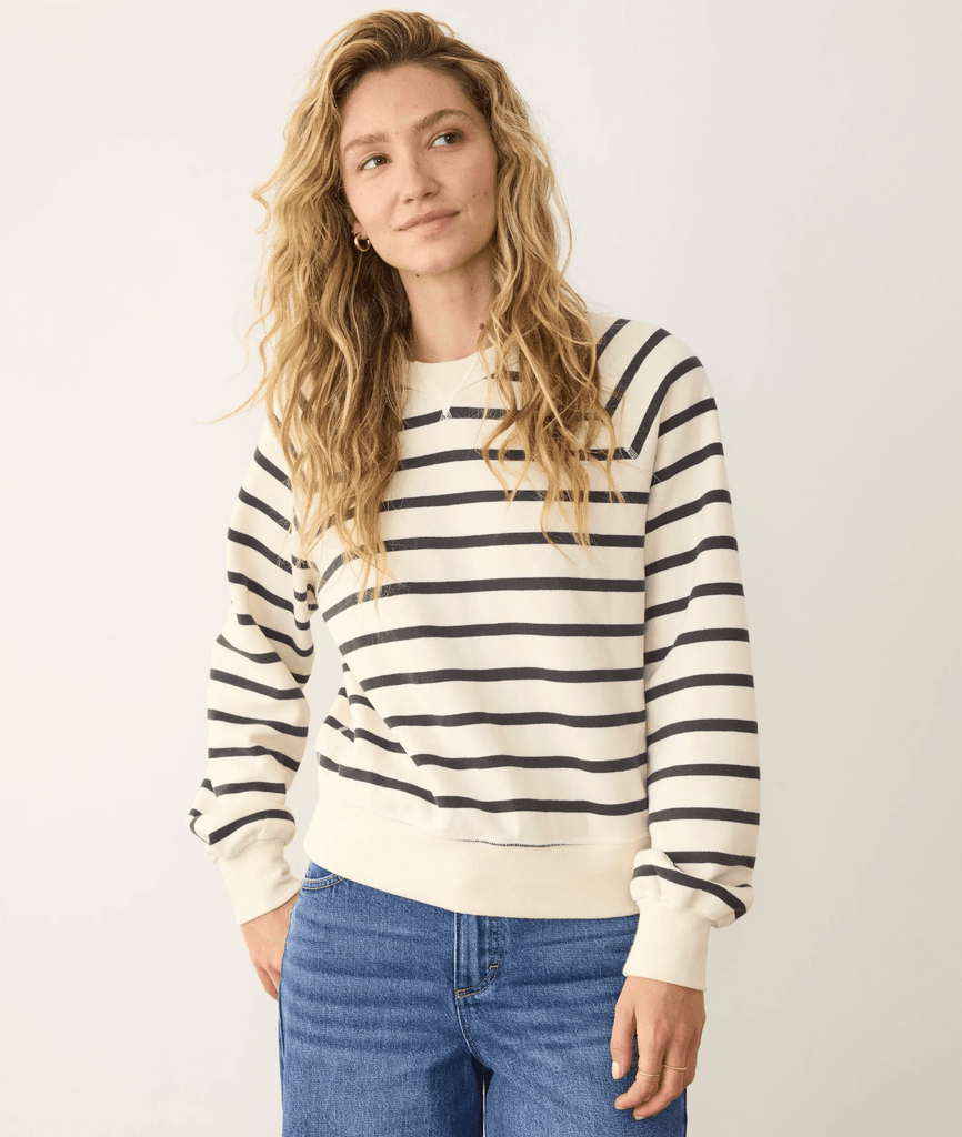 Marine Layer Cloud 9 Fleece Reversible Crewneck in Antique White/Black Stripe - Unincorporated