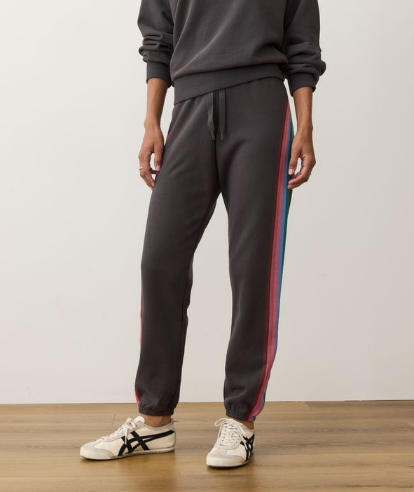 Person wearing black jogger sweatpants with colorful stripes on a plain background
