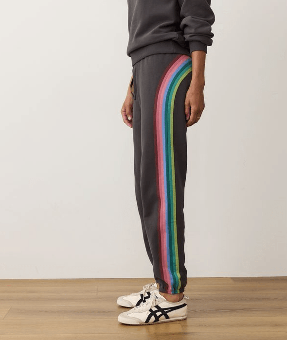Person wearing black jogger sweatpants with rainbow stripes on a plain background