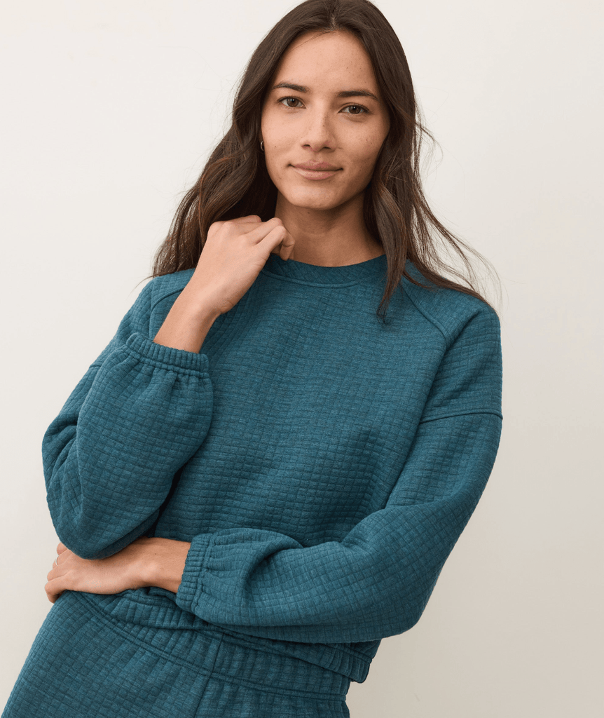 Marine Layer Corbet Quilted Crewneck in Dark Teal Heather - Unincorporated