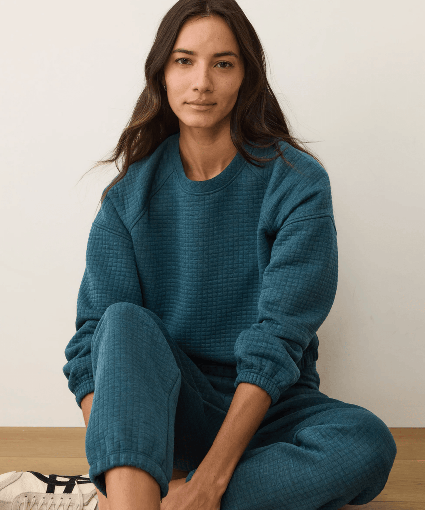 Marine Layer Corbet Quilted Crewneck in Dark Teal Heather - Unincorporated