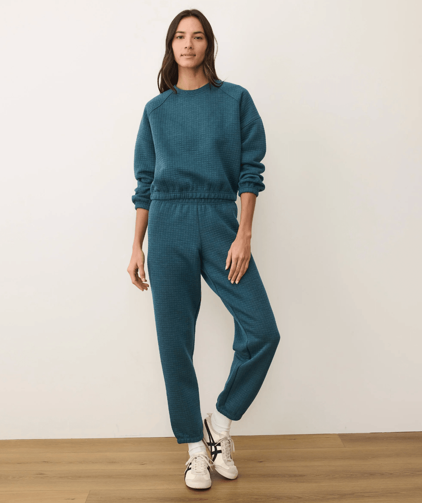 Marine Layer Corbet Quilted Crewneck in Dark Teal Heather - Unincorporated