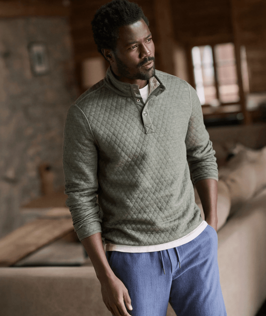 Marine Layer Corbet Quilted Reversible Pullover in Oatmeal/Olive - Unincorporated