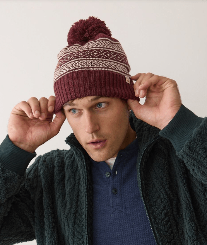 Marine Layer Fair Isle Pom Beanie in Burgundy - Unincorporated
