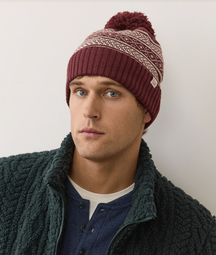 Marine Layer Fair Isle Pom Beanie in Burgundy - Unincorporated