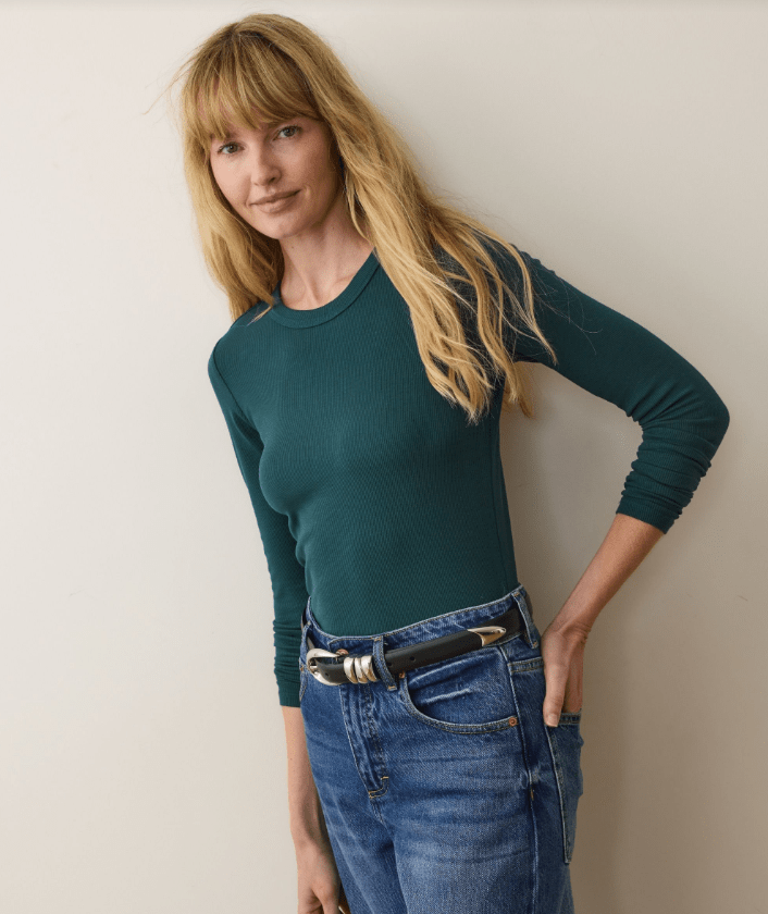 Marine Layer Lexi Rib Sun - In Longsleeve Crew Tee in Emerald - Unincorporated