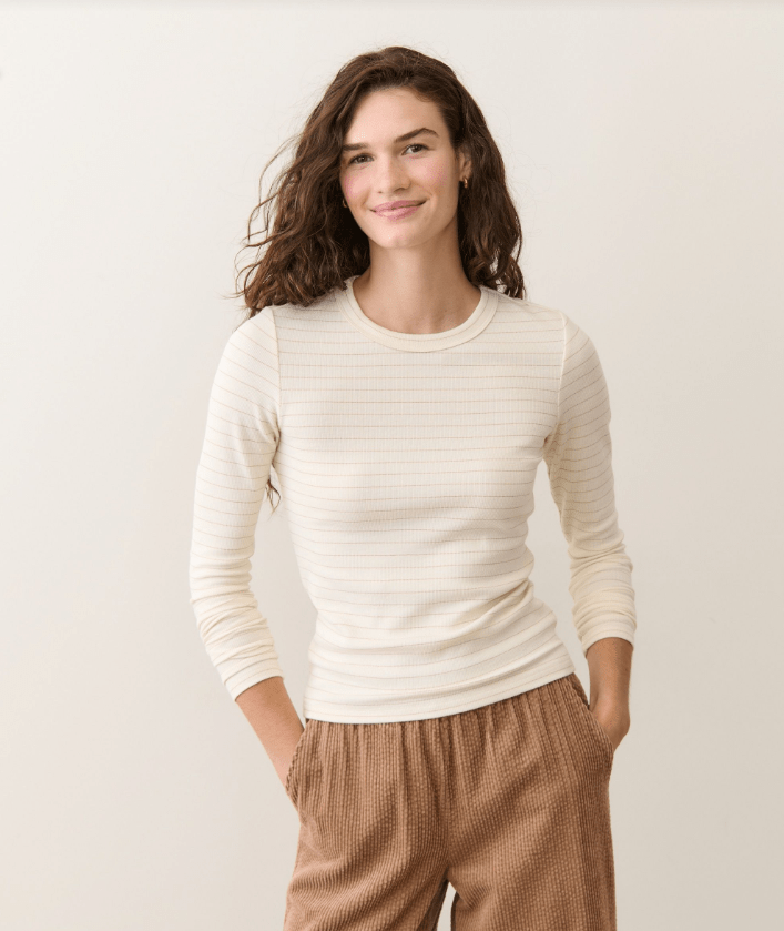 Marine Layer Lexi Rib Sun - In Longsleeve Crew Tee in Ivory/Rose Gold - Unincorporated