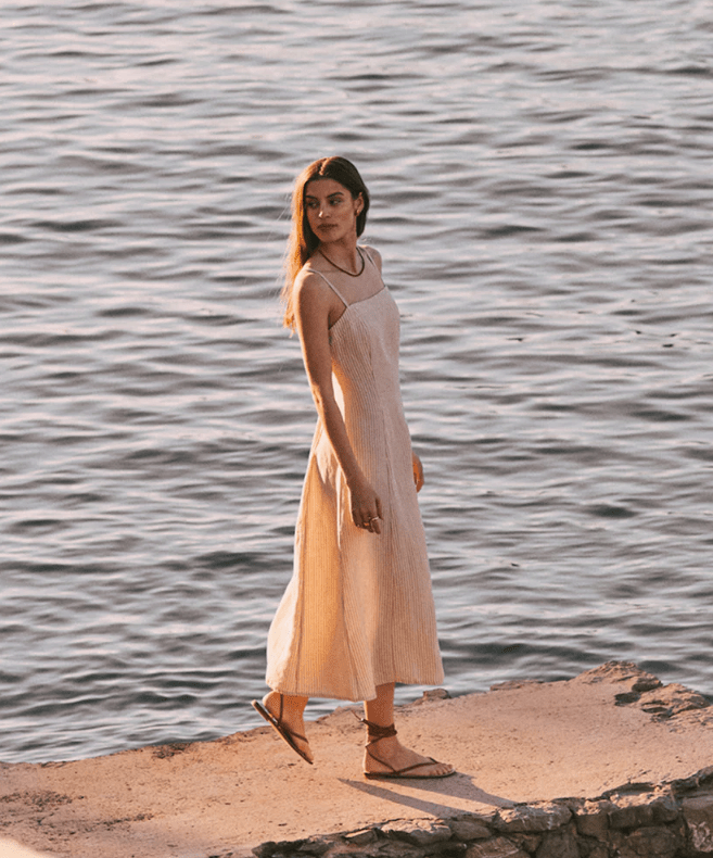 Marine Layer Lucia Linen Midi Dress in Sand Stripe