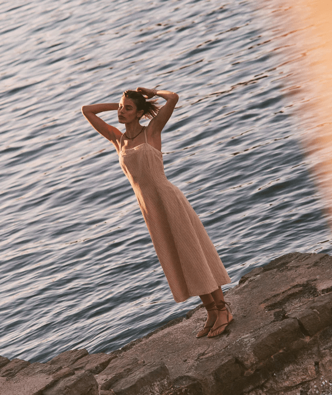 Marine Layer Lucia Linen Midi Dress in Sand Stripe