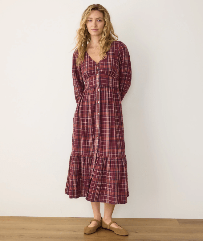 Marine Layer Maeve Midi Dress in Merlot Plaid - Unincorporated