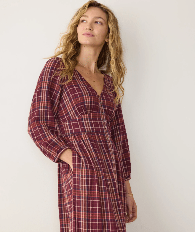 Marine Layer Maeve Midi Dress in Merlot Plaid - Unincorporated
