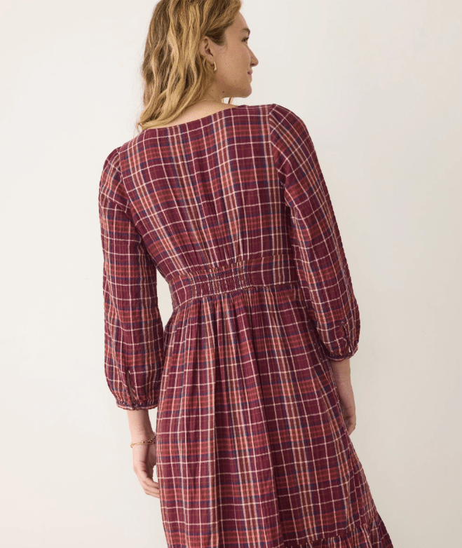 Marine Layer Maeve Midi Dress in Merlot Plaid - Unincorporated