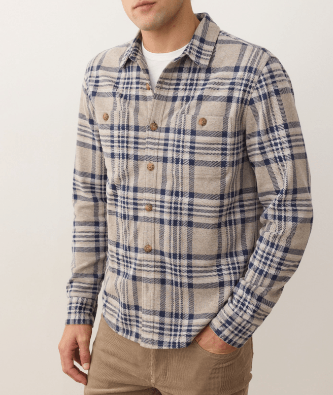 Marine Layer Pacifica Stretch Twill Overshirt in Taupe Plaid - Unincorporated
