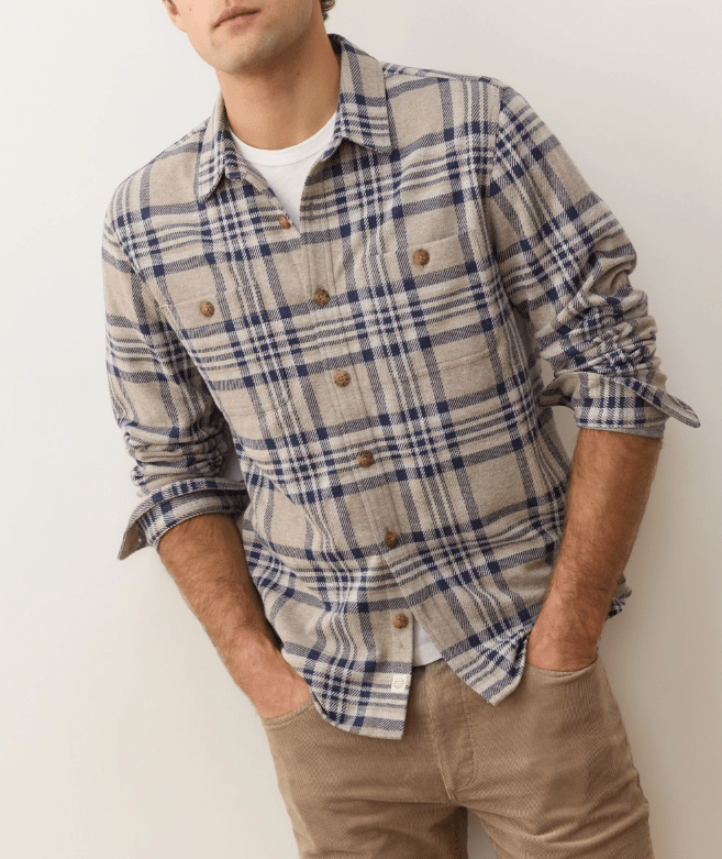 Marine Layer Pacifica Stretch Twill Overshirt in Taupe Plaid - Unincorporated