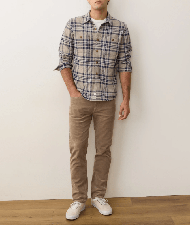 Marine Layer Pacifica Stretch Twill Overshirt in Taupe Plaid - Unincorporated