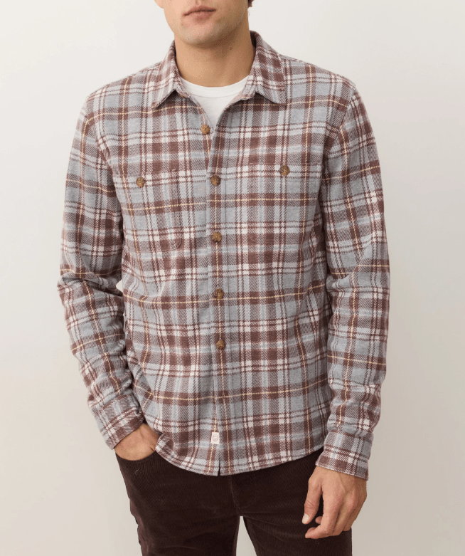 Marine Layer Pacifica Stretch Twill Overshirt in Warm Plaid - Unincorporated