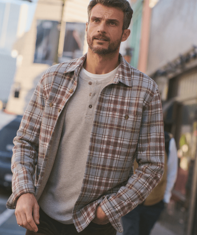 Marine Layer Pacifica Stretch Twill Overshirt in Warm Plaid - Unincorporated
