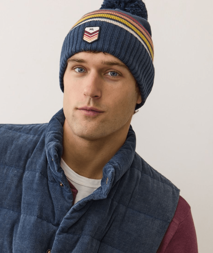 Marine Layer Stripe Pom Beanie in Navy Sunset Stripe - Unincorporated