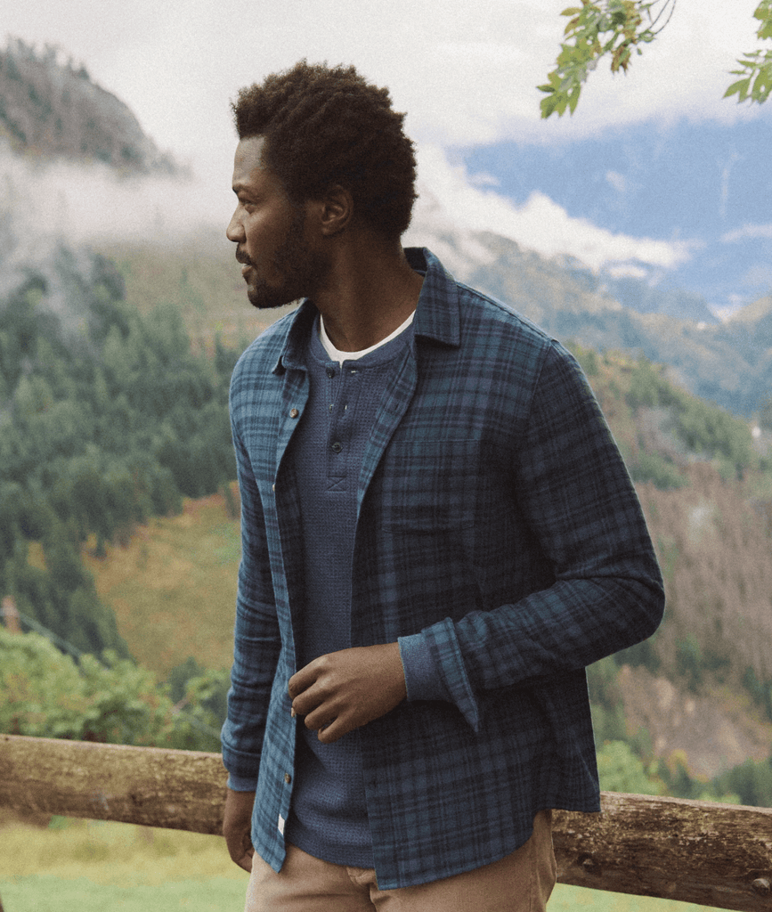 Marine Layer Tahoe Flannel Shirt in Green/Navy Plaid - Unincorporated