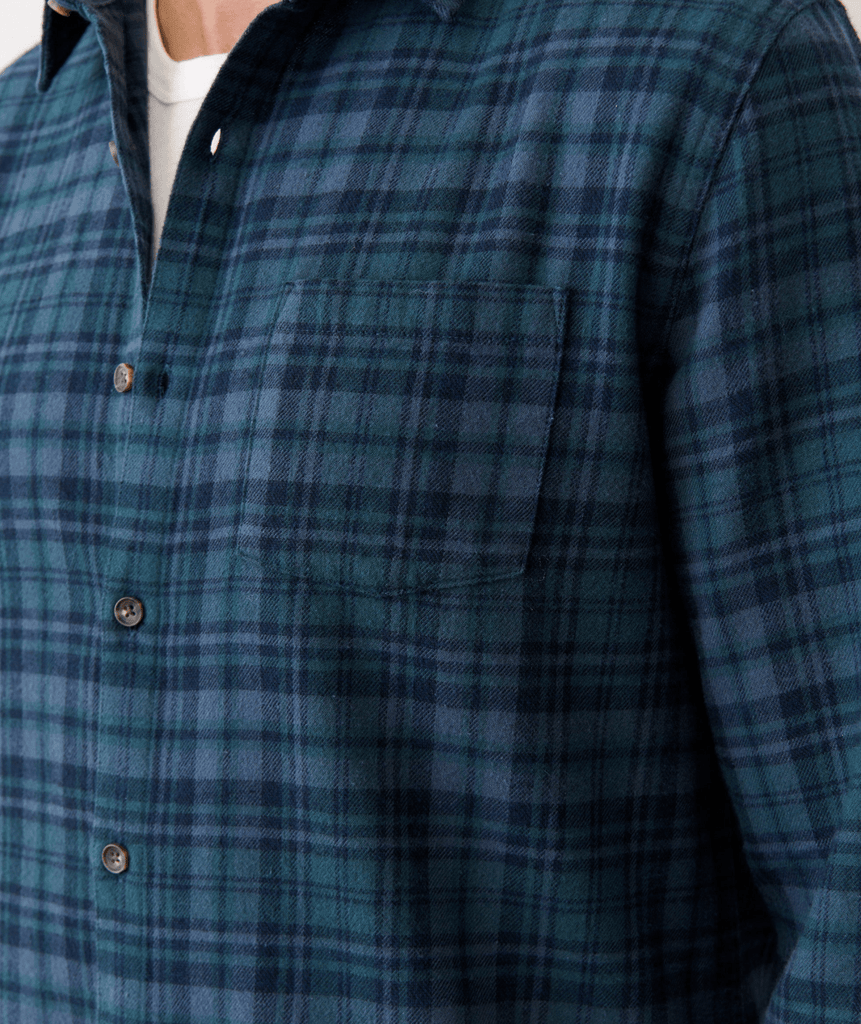 Marine Layer Tahoe Flannel Shirt in Green/Navy Plaid - Unincorporated