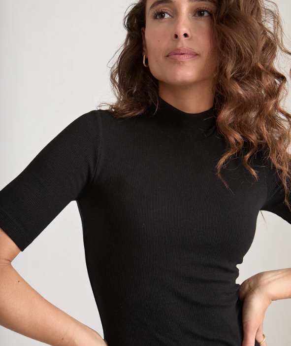 Close up of a black ribbed shortsleeve mock neck midi dress.