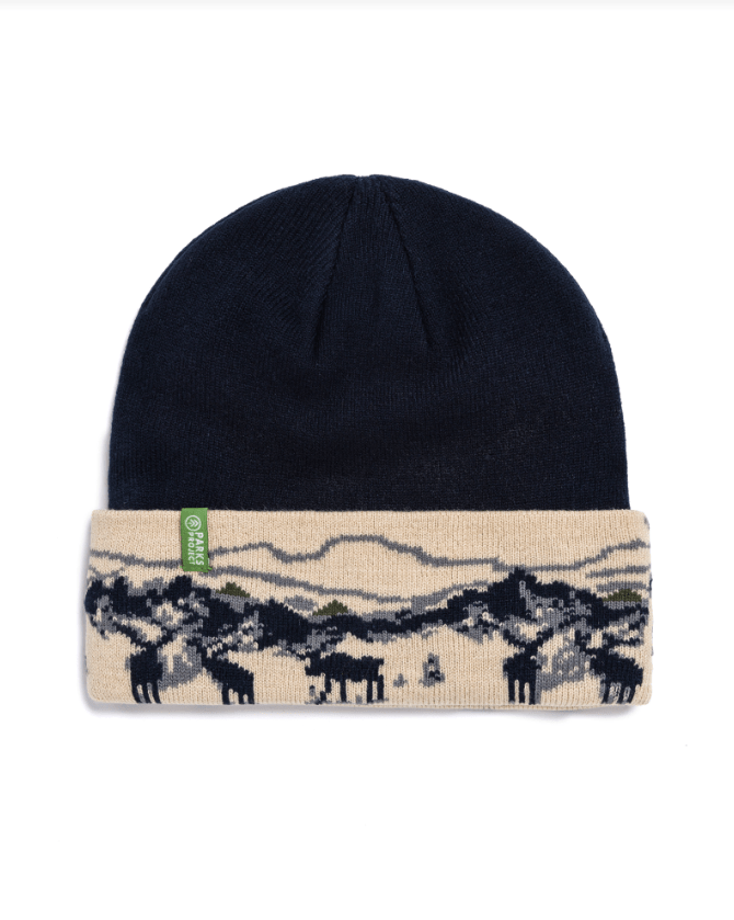 Navy beanie with a patterned band featuring mountains and animals on a white background