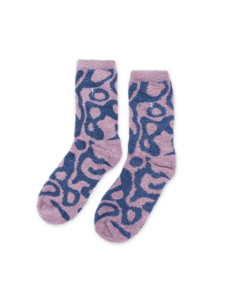 Pair of purple and blue patterned socks on a white background