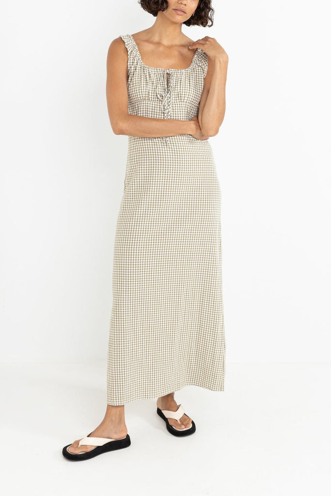 Rhythm Lola Check Maxi Dress in Olive - Unincorporated