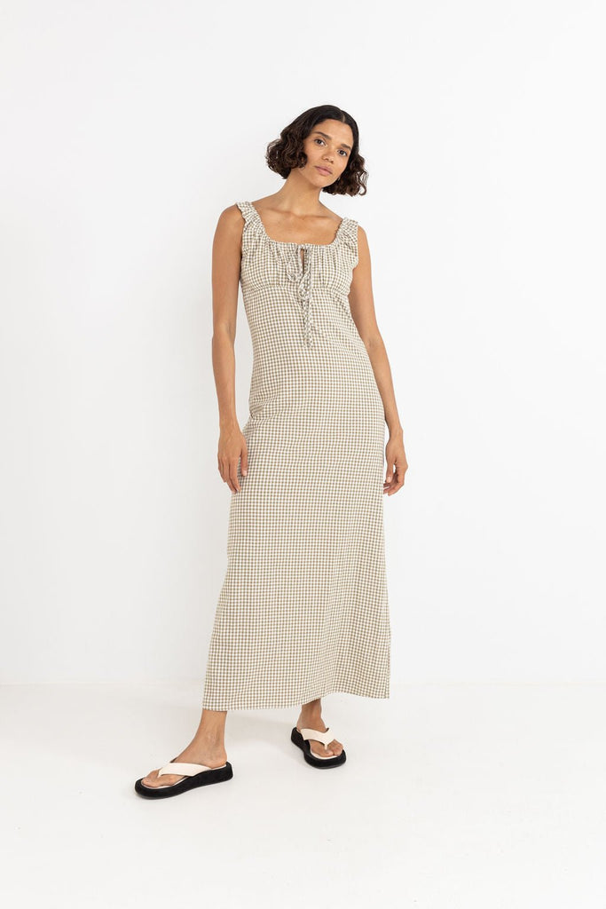 Rhythm Lola Check Maxi Dress in Olive - Unincorporated