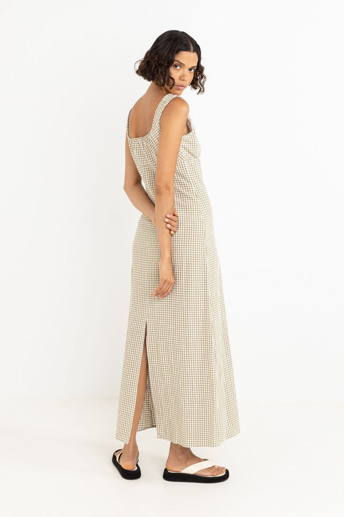 Rhythm Lola Check Maxi Dress in Olive - Unincorporated