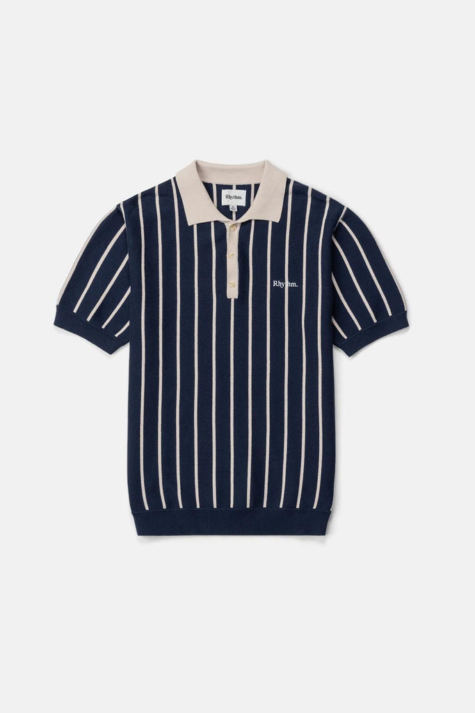 Rhythm Striped Knit Shortsleeve Polo in Navy - Unincorporated