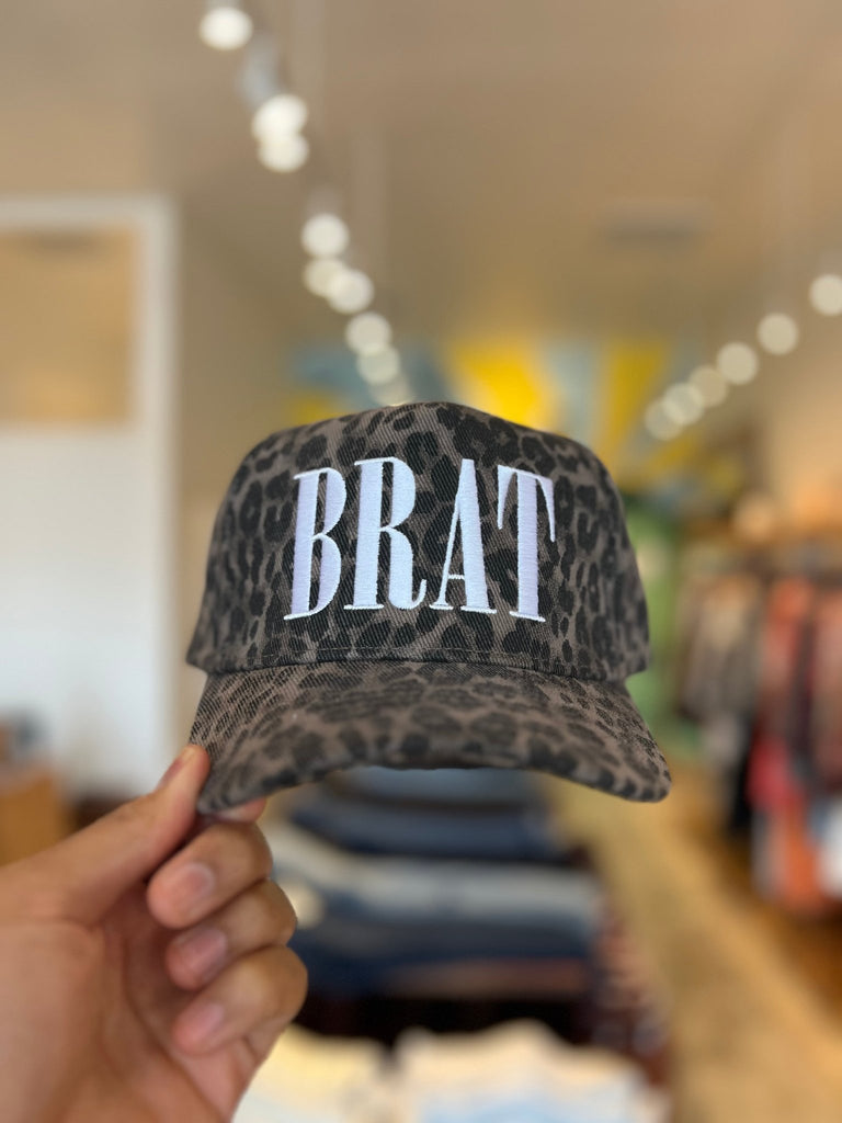 Brown Cheetah print hat with embroidered text