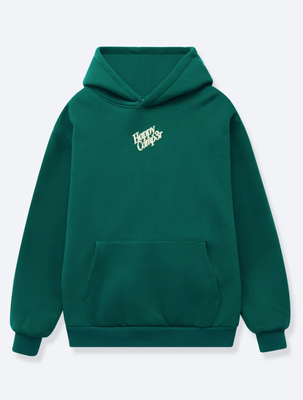 Green hoodie with 'Happy Camp3r' text on a light gray background