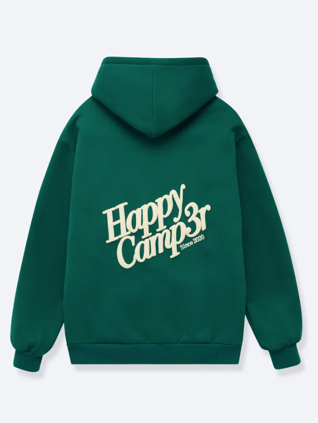 Green hoodie with 'Happy Camp3r' text on the back against a light gray background