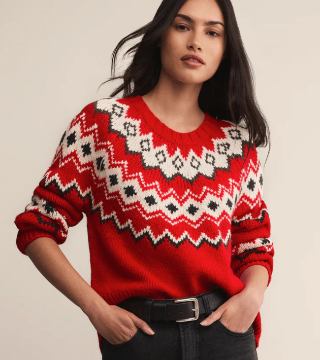 Z Supply Adornment Fair Isle Sweater in Festive Red - Unincorporated
