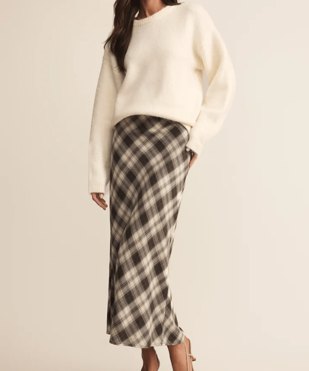 Z Supply Europa Plaid Midi Skirt in Black - Unincorporated