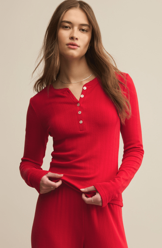 Z Supply Holly Pointelle Longsleeve Top in Festive Red - Unincorporated